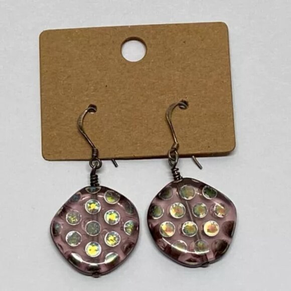 Pink Iridescent Halographic Polka Dot Flat Round Hand Blown Art Glass Earrings - Picture 3 of 15